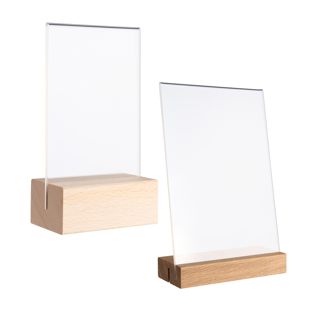 Présentoir de table MODUL, pochette en verre acrylique avec pied en bois 