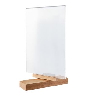 Tischaufsteller drehbar, mit Acryldisplay und Holzfuß A4