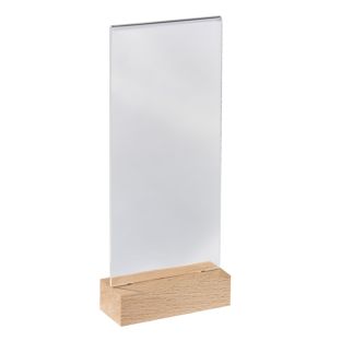 Acryl Tischaufsteller mit Holzfuß Hochformat | Buche | 1/3 A4