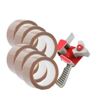 Packbandabroller und 6 Rollen Packband, braun 