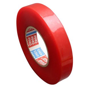 tesa 4965, Doppelseitiges PET-Klebeband, sehr starker Acrylatklebstoff, rote Folienabdeckung 