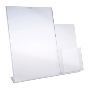 Présentoir en L, A4 format portrait avec compartiment séparé pour prospectus 1/3 A4 