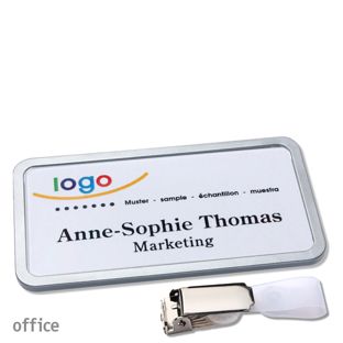 Namensschild mit Clip office 75 x 37 mm  | edelstahl  | Hängerclip 