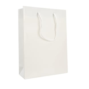 Pochette cadeau avec cordelette , blanche brillante , 20 x 25 x 8 cm  