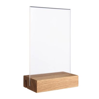 Tischaufsteller MODUL, Acrylglastasche mit Holzsockel Holzsockel mit geradem und schrägem Einsteckschlitz | Eiche | A6