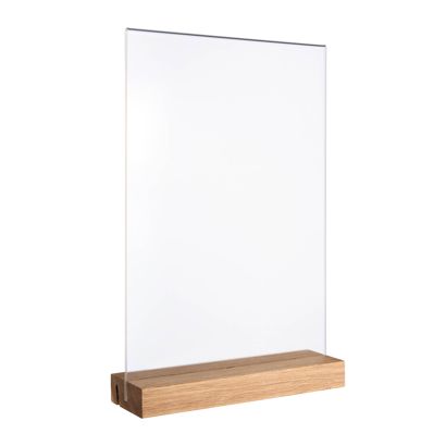 Tischaufsteller MODUL, Acrylglastasche mit Holzsockel Holzsockel mit geradem und schrägem Einsteckschlitz | Eiche | A4
