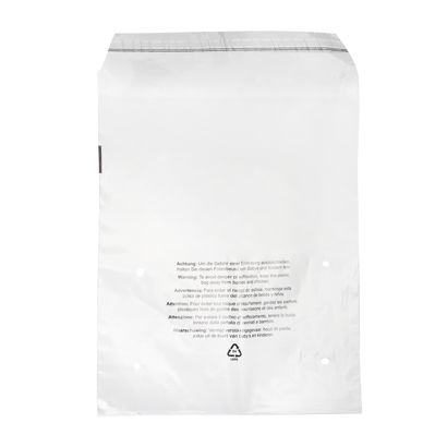Sachet à patte adhésive avec avertissement imprimé, refermable, film PCR, transparent 