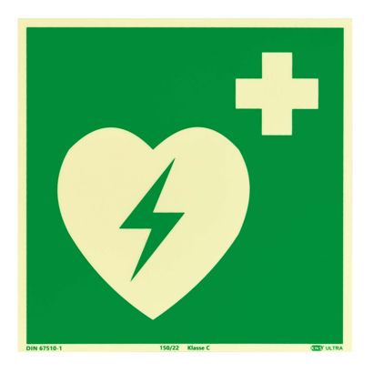 Rettungszeichen Defibrillator langnachleuchtend, Kunststoff, ISO 7010 200 x 200 mm