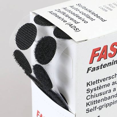 Klettpunkte in Spenderbox, 230 Sets, 20 mm, selbstklebend, schwarz | Durchmesser: 20 mm