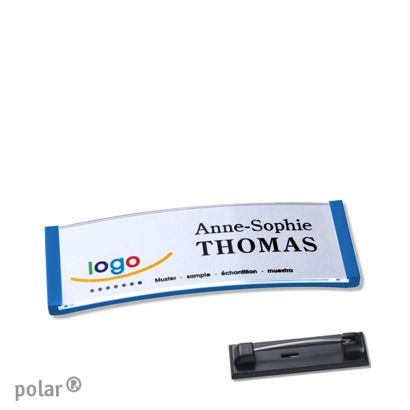 Namensschild mit Nadel polar® mittelblau | 64 x 22 mm