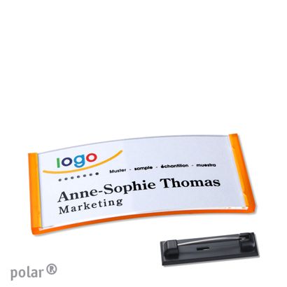 Namensschild mit Nadel polar® transluzent, orange | 65 x 30 mm
