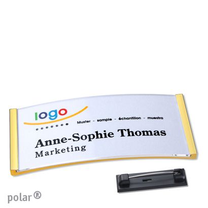 Namensschild mit Nadel polar® gold | 74 x 34 mm