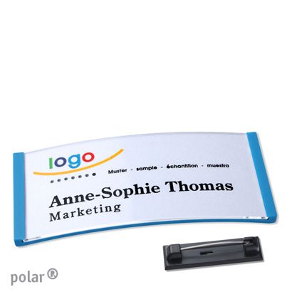 Namensschild mit Nadel polar® mittelblau | 74 x 34 mm