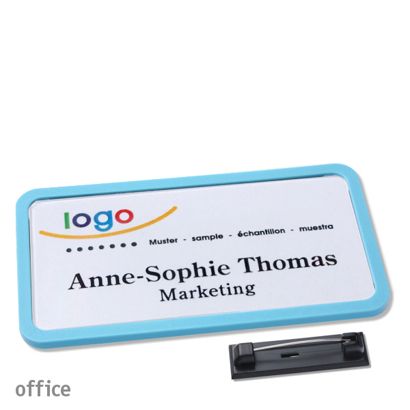 Namensschild mit Nadel OFFICE pastellblau | 75 x 37 mm