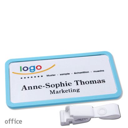 Namensschild mit Clip office Hängerclip metallfrei | pastellblau | 75 x 37 mm