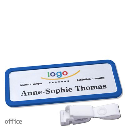 Namensschild mit Clip office Hängerclip metallfrei | blau | 75 x 27 mm