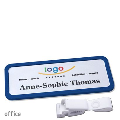 Namensschild mit Clip office Hängerclip metallfrei | dunkelblau | 75 x 27 mm