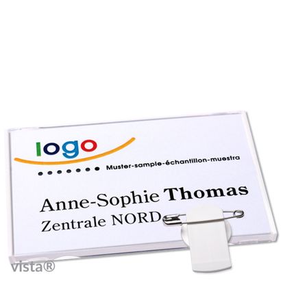 Namensschild mit Klammer VISTA weiß | 85 x 54 mm