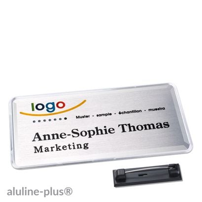 Namensschild mit Nadel aluline-plus® silber | 76 x 38 mm