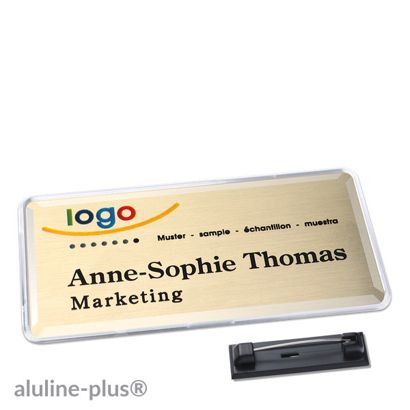 Namensschild mit Nadel aluline-plus® gold | 76 x 38 mm