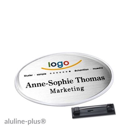 Namensschild mit Nadel aluline-plus® silber | 65 x 43 mm