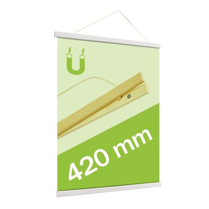 Posterleisten aus Holz, mit Aufhängeschnur und Magnetbefestigung weiß | 420 mm