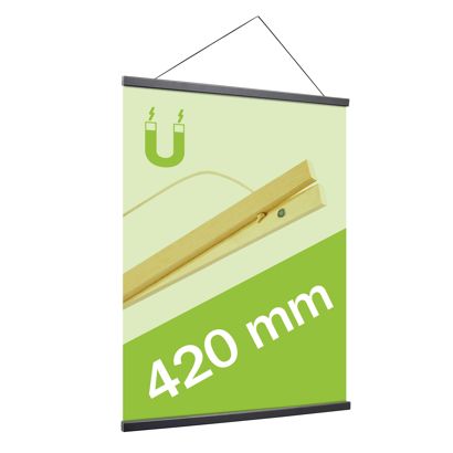 Posterleisten aus Holz, mit Aufhängeschnur und Magnetbefestigung schwarz | 420 mm