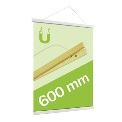 Posterleisten aus Holz, mit Aufhängeschnur und Magnetbefestigung weiß | 600 mm