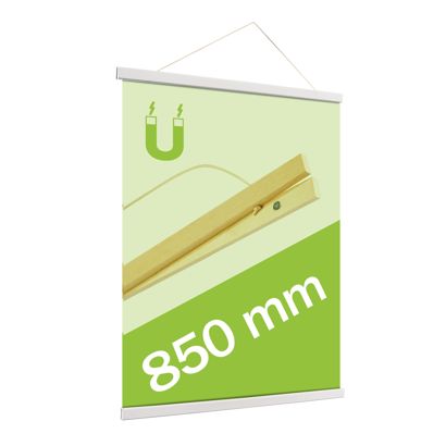 Posterleisten aus Holz, mit Aufhängeschnur und Magnetbefestigung weiß | 850 mm