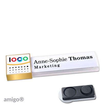 Namensschilder amigo® alu-print Magnet square | smag® Magnet, extra stark | weiß | weiß | gold