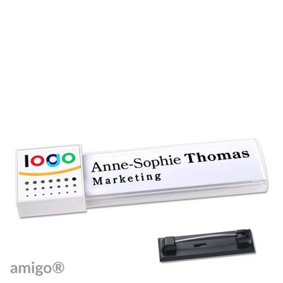 Namensschilder amigo® alu-print Magnet square | Edelstahl-Rastnadel | weiß | weiß | weiß
