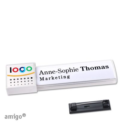 Namensschilder amigo® alu-print Magnet square | Edelstahl-Rastnadel | weiß | silber | weiß