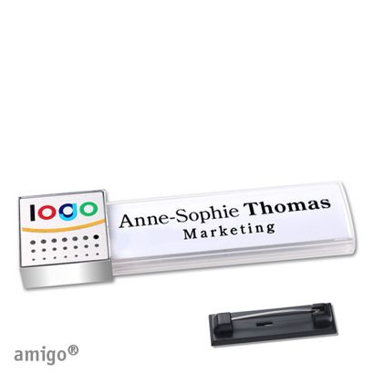Namensschilder amigo® alu-print Magnet square | Edelstahl-Rastnadel | weiß | silber | chrom