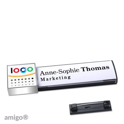 Namensschilder amigo® alu-print Magnet square | Edelstahl-Rastnadel | anthrazit | weiß | chrom