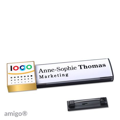 Namensschilder amigo® alu-print Magnet square | Edelstahl-Rastnadel | anthrazit | weiß | gold