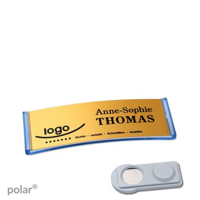 Namensschilder polar® alu-complete magnet smag® Magnet | transluzent, blau | gold | 64 x 22 mm