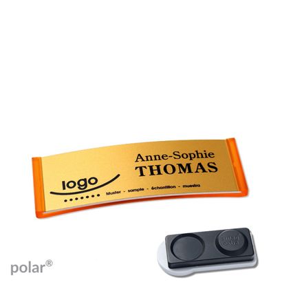Namensschilder polar® alu-complete magnet smag® Magnet, extra stark | transluzent, orange | gold | 64 x 22 mm