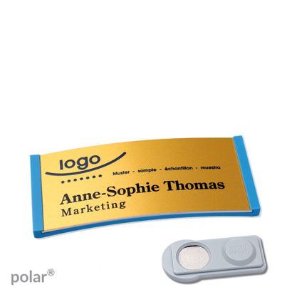 Namensschilder polar® alu-complete magnet smag® Magnet | mittelblau | gold | 65 x 30 mm