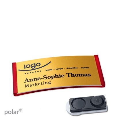 Namensschilder polar® alu-complete magnet smag® Magnet, extra stark | transluzent, rot | gold | 65 x 30 mm