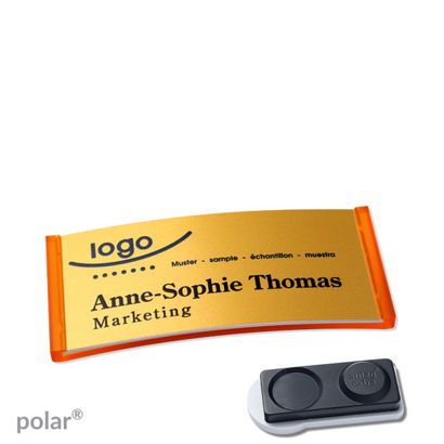 Namensschilder polar® alu-complete magnet smag® Magnet, extra stark | transluzent, orange | gold | 65 x 30 mm