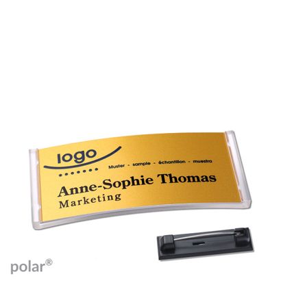 Namensschilder polar® alu-complete Nadel transparent | gold | 65 x 30 mm