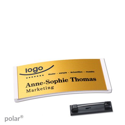 Namensschilder polar® alu-complete Nadel weiß | gold | 65 x 30 mm