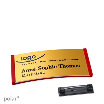Namensschilder polar® alu-complete Nadel rot | gold | 65 x 30 mm