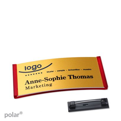 Namensschilder polar® alu-complete Nadel transluzent, rot | gold | 65 x 30 mm