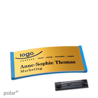 Namensschilder polar® alu-complete Nadel mittelblau | gold | 65 x 30 mm