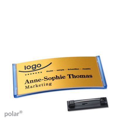 Namensschilder polar® alu-complete Nadel transluzent, blau | gold | 65 x 30 mm
