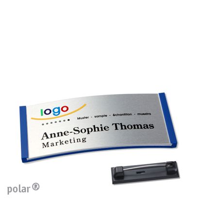 Namensschilder polar® alu-complete Nadel blau | silber | 65 x 30 mm
