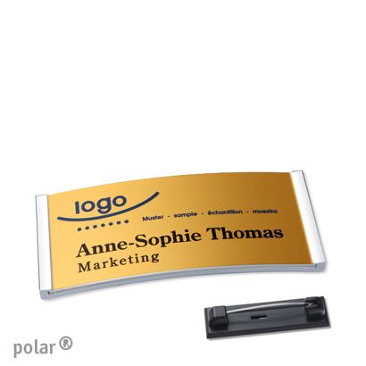 Namensschilder polar® alu-complete Nadel chrom | gold | 65 x 30 mm