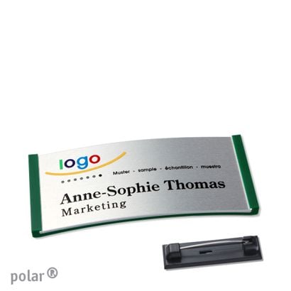 Namensschilder polar® alu-complete Nadel grün | silber | 65 x 30 mm