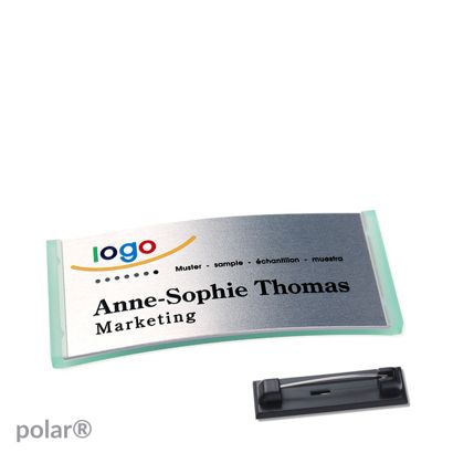 Namensschilder polar® alu-complete Nadel transluzent, grün | silber | 65 x 30 mm